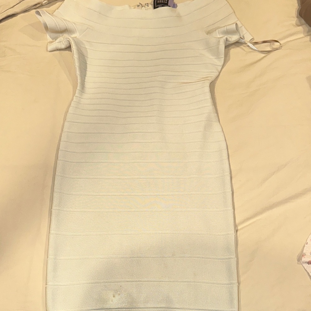 Herve Leger Cream Off-Shoulder Mini Dress